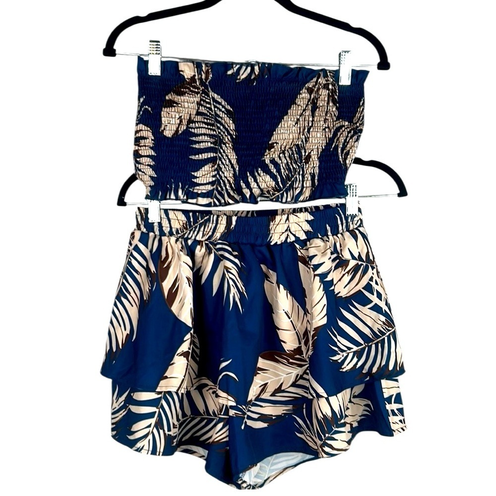 SHEIN Navy Tan Brown 2 Pc. Top & Skort Layered Ruffle Crop Top Size Medium